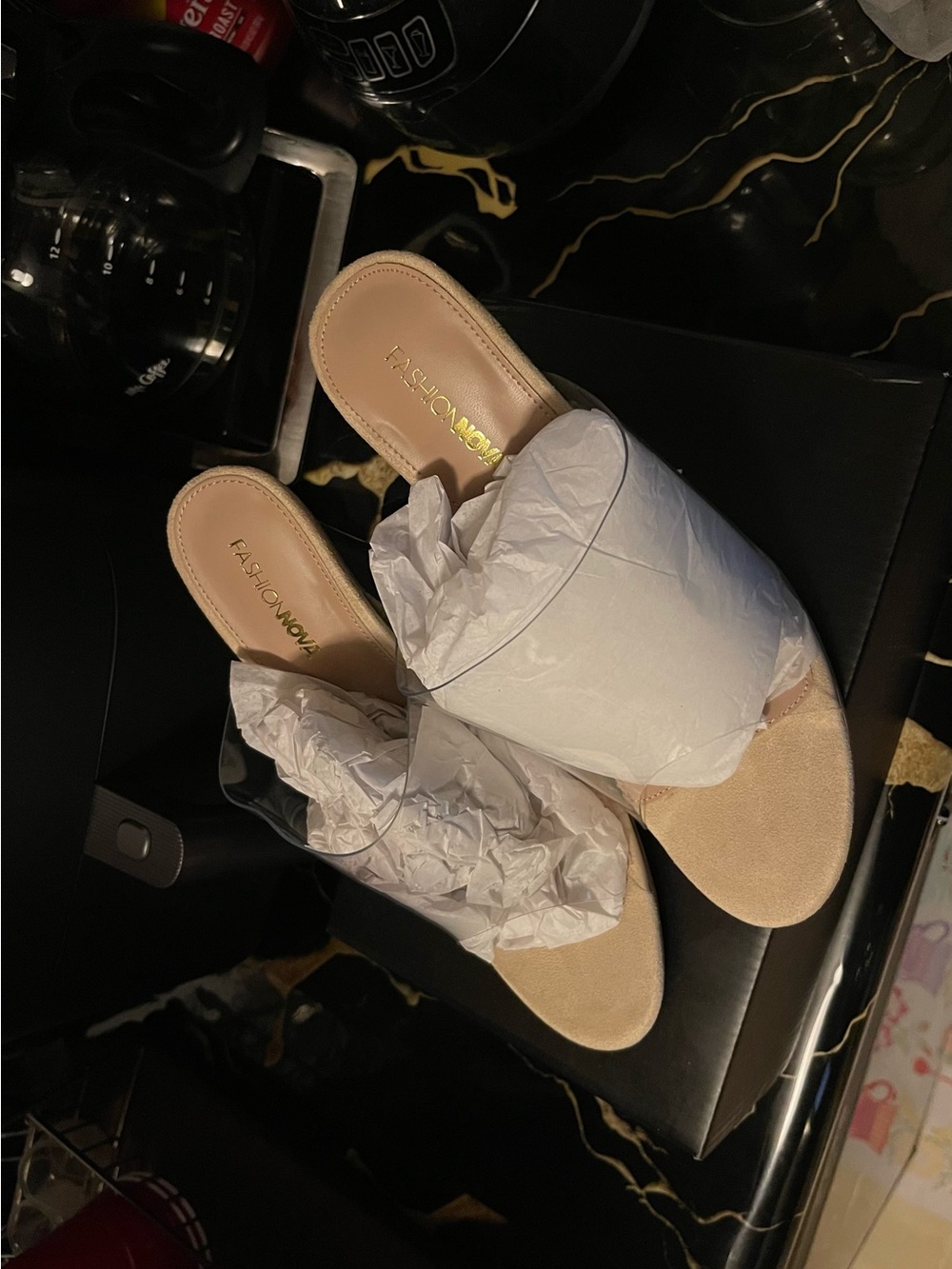 Fashion Nova Lemonade Clear Wedge Mule Heels Nude Transparent Size 11W NewInBox